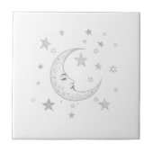 Celestial Moon with Face & Stars Silver and White タイル (正面)