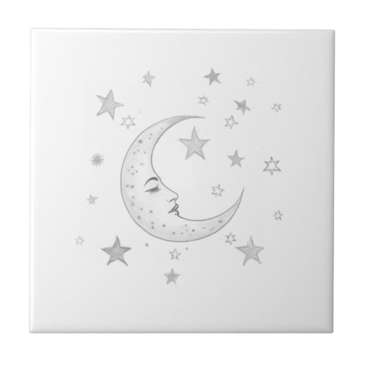 Celestial Moon with Face & Stars Silver and White タイル (正面)