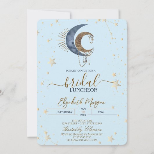 Celestial Moons,Stars Light Blue Bridal Luncheon  招待状 (正面)