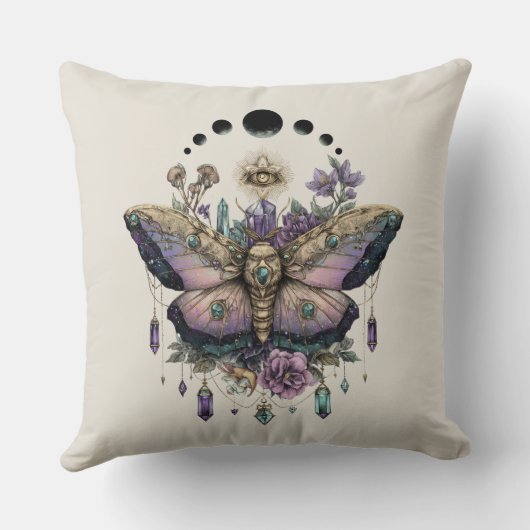 Celestial Moth Moon Phases Throw Pillow クッション (裏面)
