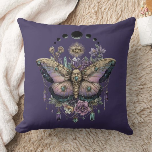 Celestial Moth Moon Phases Throw Pillow クッション (ブランケット)