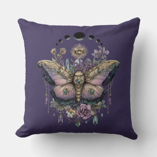 Celestial Moth Moon Phases Throw Pillow クッション (正面)
