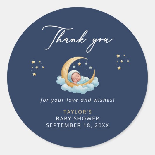 Celestial Navy Moon Baby Shower Thank You Sticker ラウンドシール (正面)