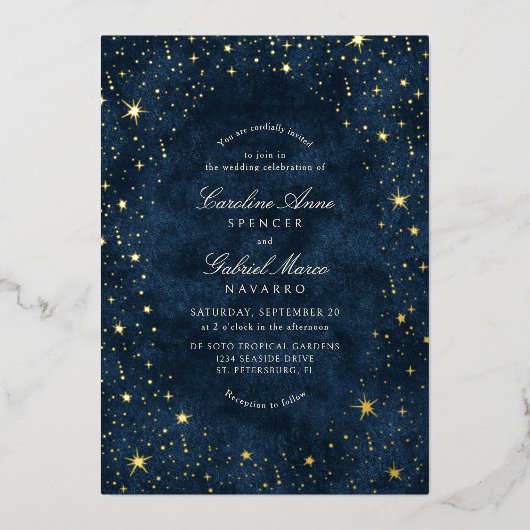 Celestial Night Sky Stars Wedding Foil Invitation 箔招待状 (正面)