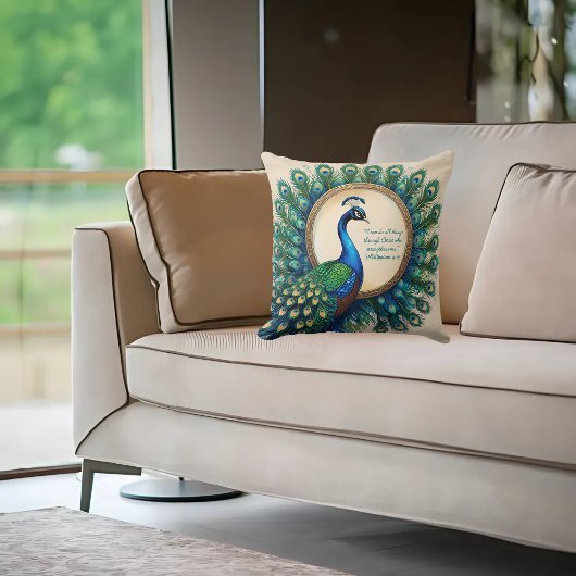 Celestial Peacock Bloom Bible Verse  クッション