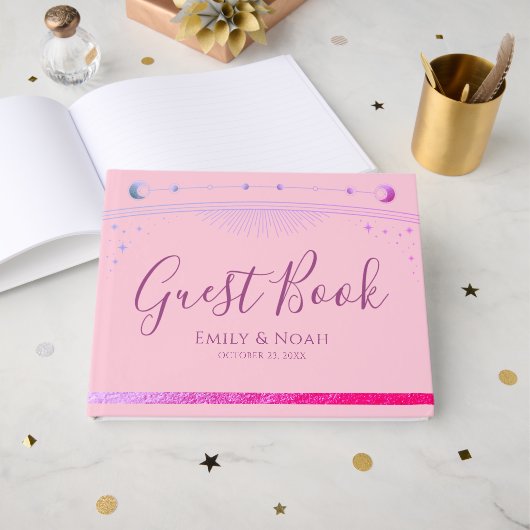 Celestial Pink Purple Sun Moon Stars Wedding  ゲストブック (正面見開き)