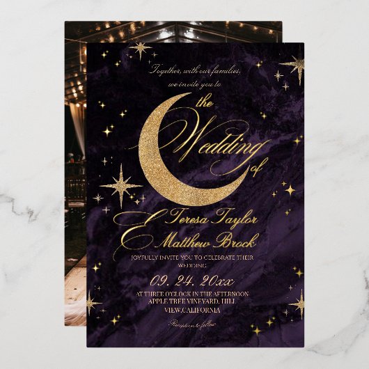 Celestial Purple and Gold Foil Wedding  箔招待状 (正面/裏面)