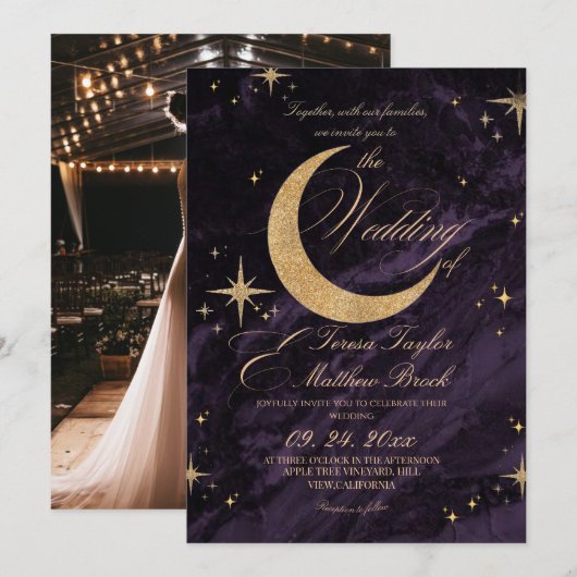 Celestial Purple and Gold Moody Wedding 招待状 (正面/裏面)
