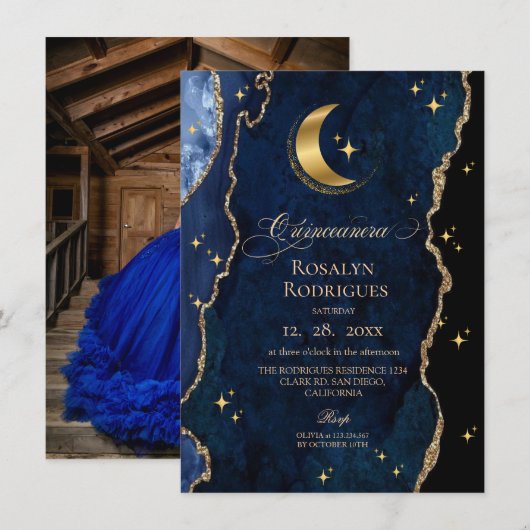  Celestial Quinceanera Midnight Stars Moon  招待状 (正面/裏面)
