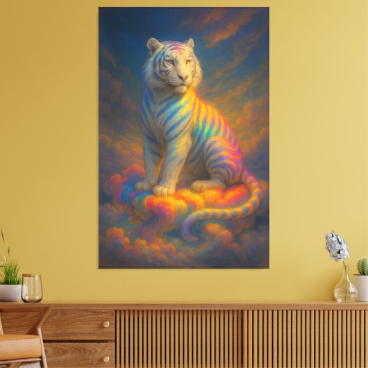 Celestial Rainbow White Tiger – Fantasy Art Painti キャンバスプリント (インサイチュ (リビング))