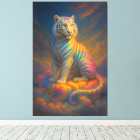 Celestial Rainbow White Tiger – Fantasy Art Painti キャンバスプリント (インサイチュ (ウッドフロア))