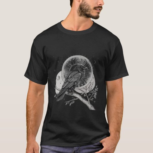 Celestial Raven Crow Bird Moon Sacred Geometry Art Tシャツ (正面)