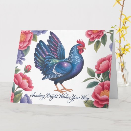 Celestial Rooster Greeting with Floral Border カード (黄色い花)