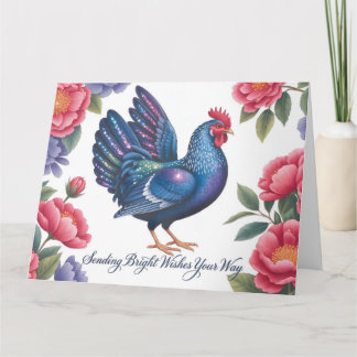 Celestial Rooster Greeting with Floral Border カード