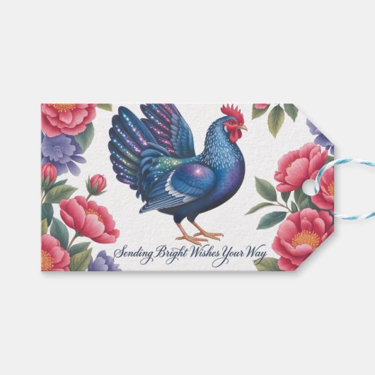 Celestial Rooster Greeting with Floral Border ギフトタグ (正面(横))