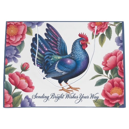 Celestial Rooster Greeting with Floral Border ラージペーパーバッグ (正面)