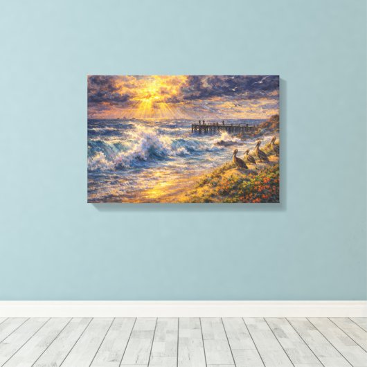 Celestial Shores: A Coastal Impasto Sunset キャンバスプリント (インサイチュ (ウッドフロア))