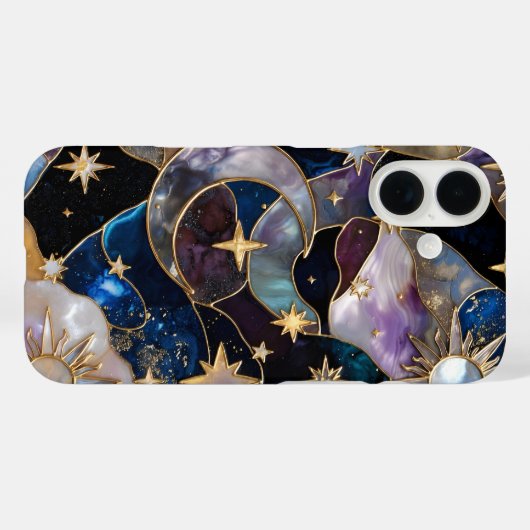 Celestial StainedGlass iPhone Case Moon Stars Gold Case-Mate iPhoneケース (裏面 (横))