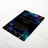Celestial Stars | ネイビーブルー+ターコイズゴールドのギャラクシー | ウェディン 箔招待状 (回転した状態)