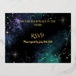 Celestial Stars | 紺とテラコッタゴールドの結婚式RSVPカード 箔シーズンポストカード