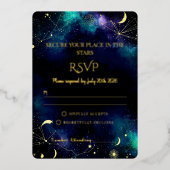 Celestial Stars | 紺とテラコッタゴールドの結婚式RSVPカード 箔招待状 (正面)