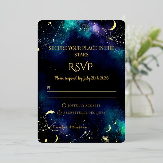 Celestial Stars | 紺とテラコッタゴールドの結婚式RSVPカード 箔招待状 (立ち正面)