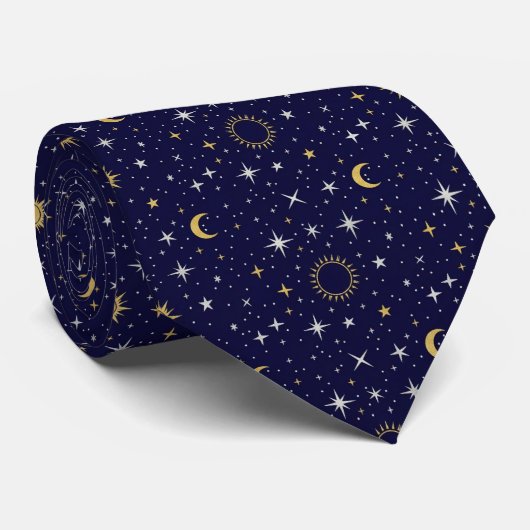 Celestial Stars Moon Sun Blue Gold White Trendy ネクタイ (ロール)