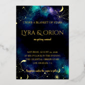 Celestial Stars | Navy Teal Gold Galaxy | Wedding 箔招待状 (正面)