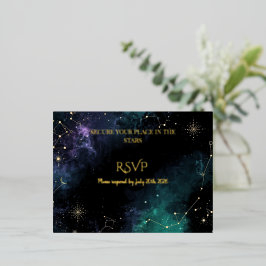 Celestial Stars | Navy/Teal Gold Wedding RSVP card 箔シーズンポストカード