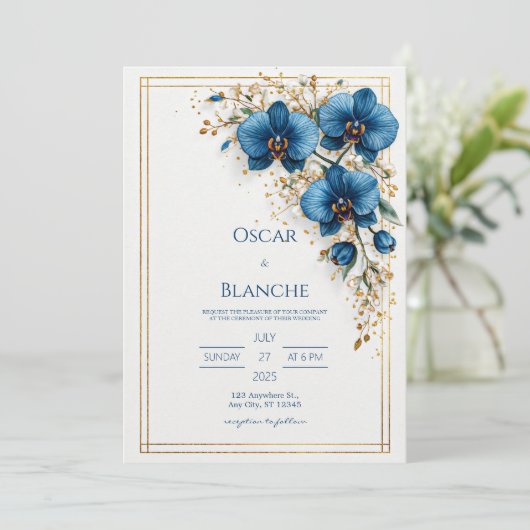 Celestial Sun and Dark Navy Foliage Wedding 招待状 (スタンド正面)