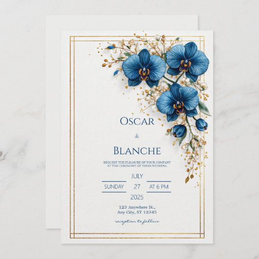 Celestial Sun and Dark Navy Foliage Wedding 招待状 (正面/裏面)