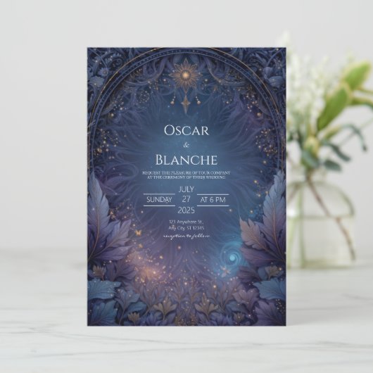 Celestial Sun and Dark Navy Foliage Wedding 招待状 (スタンド正面)