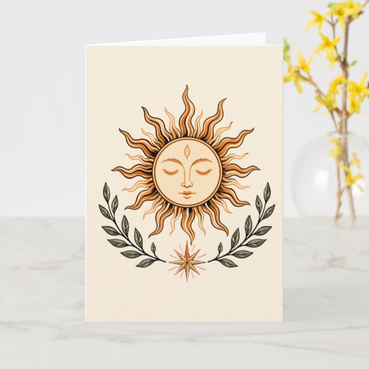 Celestial Sun Face Botanical Mystical Art カード (黄色い花)