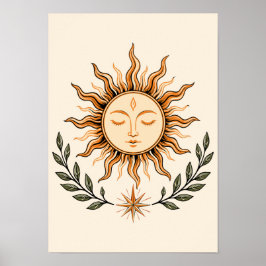 Celestial Sun Face Botanical Mystical Art ポスター