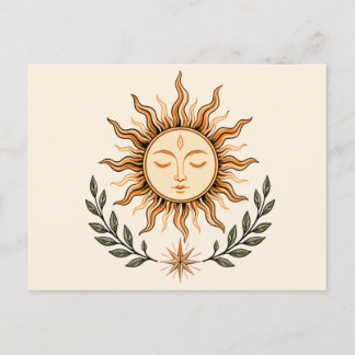 Celestial Sun Face Botanical Mystical Art ポストカード