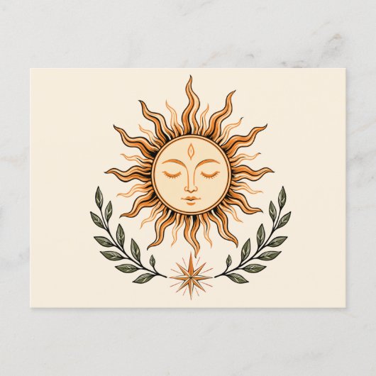 Celestial Sun Face Botanical Mystical Art ポストカード (正面)