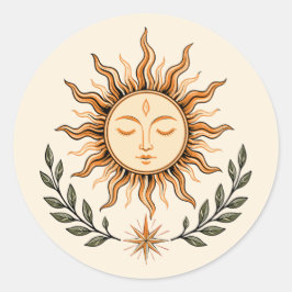 Celestial Sun Face Botanical Mystical Art ラウンドシール