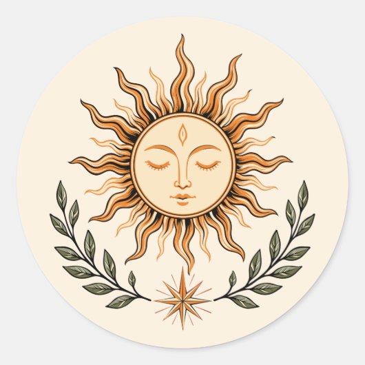 Celestial Sun Face Botanical Mystical Art ラウンドシール (正面)