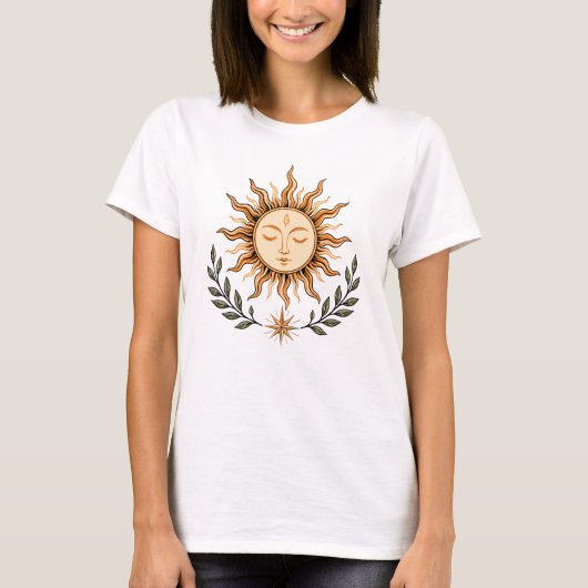 Celestial Sun Face Botanical Mystical Art Tシャツ (正面)