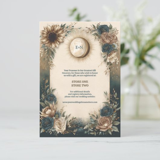 Celestial Sun Moon Boho Floral Rustic Wedding エンクロージャーカード (スタンド正面)