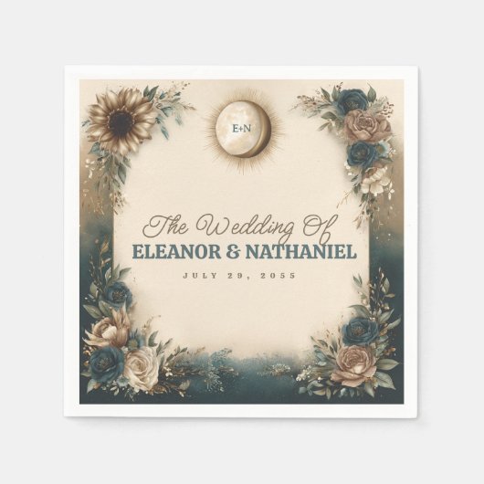 Celestial Sun Moon Boho Floral Rustic Wedding スタンダードカクテルナプキン (正面)