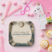 Celestial Sun Moon Boho Floral Rustic Wedding ペーパープレート (パーティー)