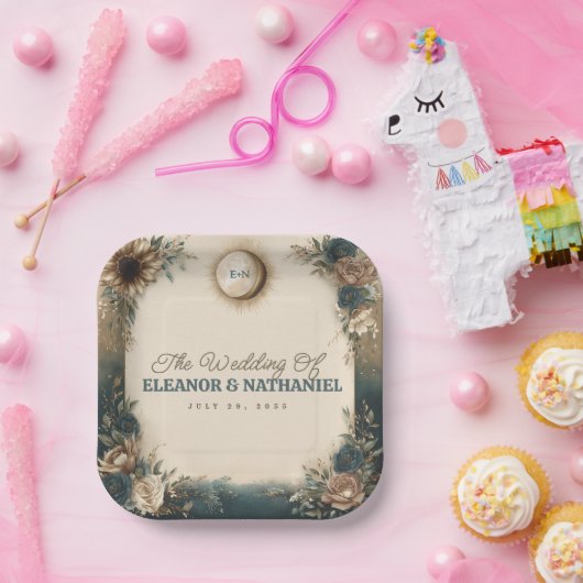 Celestial Sun Moon Boho Floral Rustic Wedding ペーパープレート (パーティー)