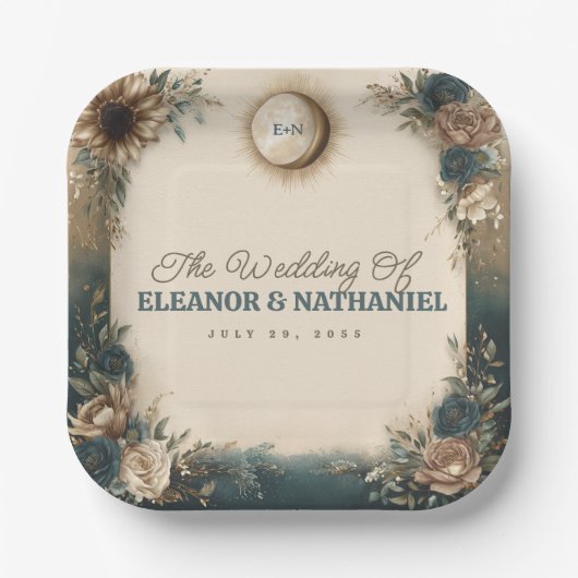 Celestial Sun Moon Boho Floral Rustic Wedding ペーパープレート (正面)