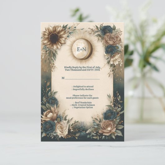 Celestial Sun Moon Boho Floral Rustic Wedding 出欠カード (スタンド正面)