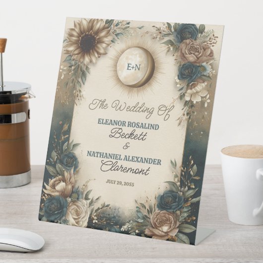 Celestial Sun Moon Boho Floral Rustic Wedding 台座サイン (インサイチュ)