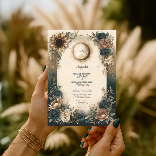 Celestial Sun Moon Boho Floral Rustic Wedding 招待状