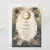 Celestial Sun Moon Boho Floral Rustic Wedding 招待状 (正面)