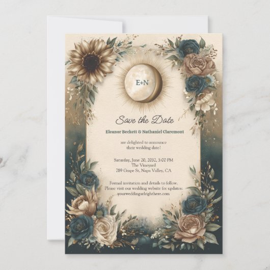 Celestial Sun Moon Boho Floral Save the Date セーブザデート (正面)