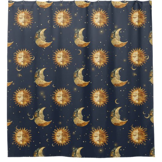 Celestial Sun & Moon Gold Starry Night Pattern (1) シャワーカーテン (正面)